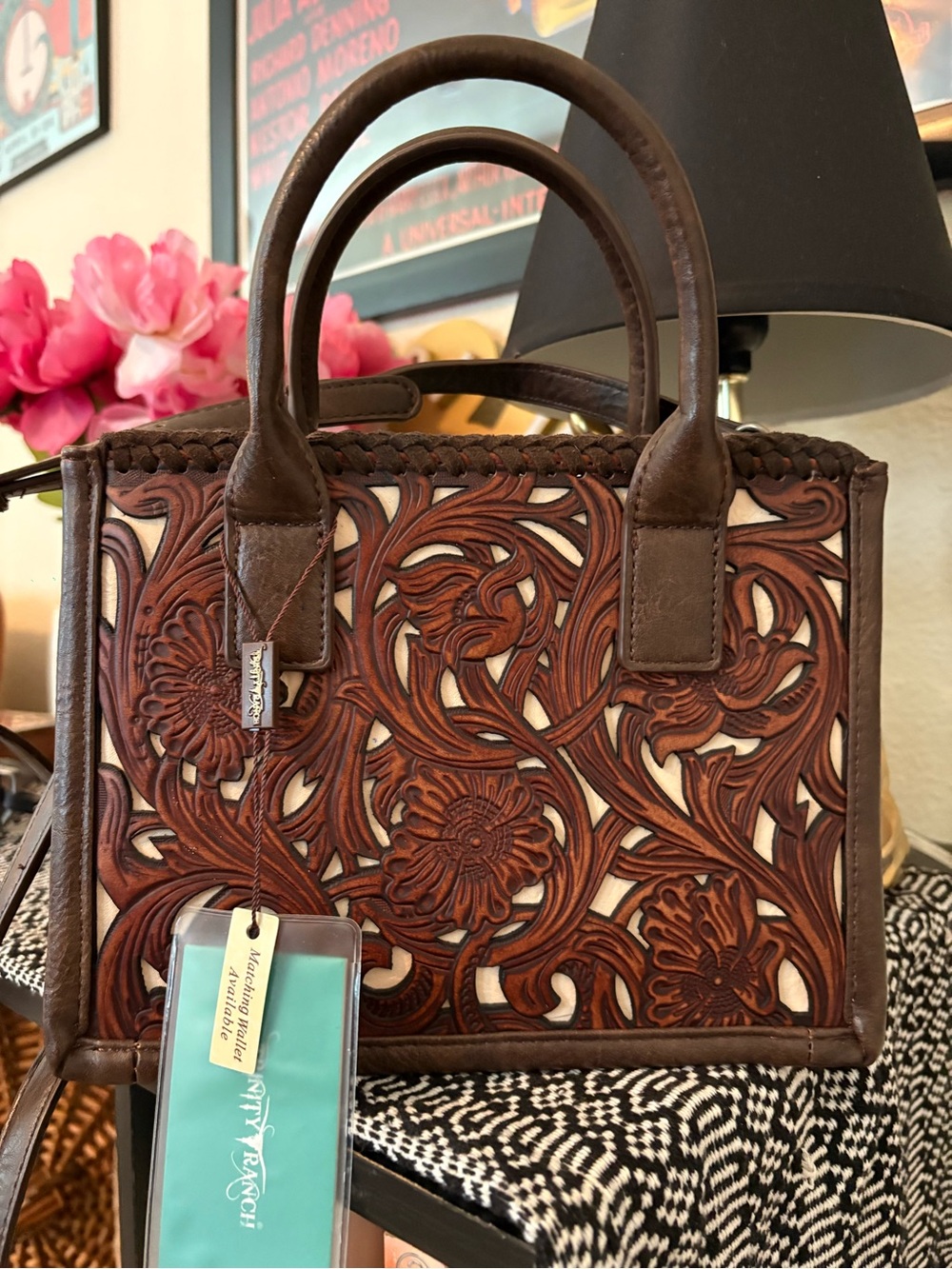 Hand-Tooled Floral Leather Crossbody Bag in Coffee by Trinity Ranch